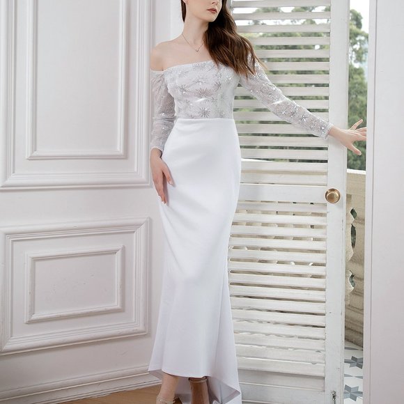 New Contrast Sequin Off Shoulder Mermaid Hem Wedding Dress - Picture 2 of 7